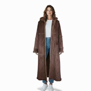 Vintage Y2K Gallery Tan Suede Sherpa Penny Lane Trench Coat-size Small